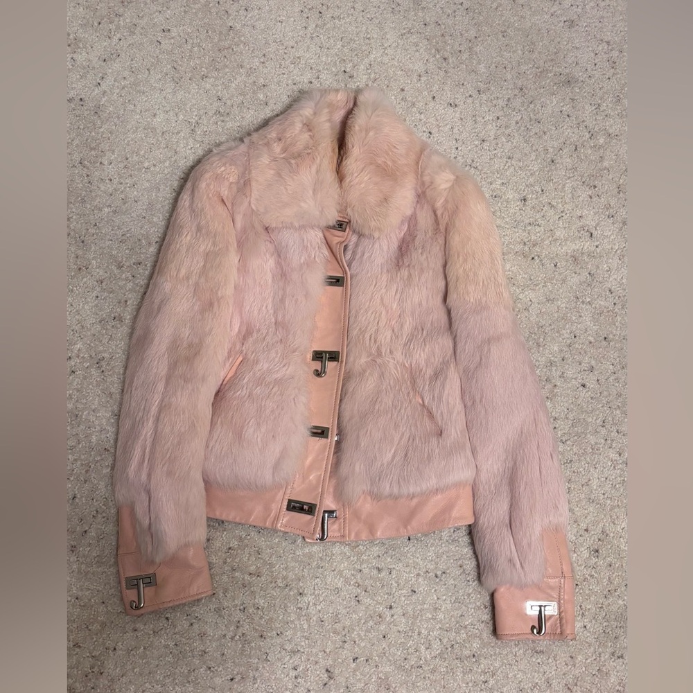 Juicy Couture Pink Rabbit Fur Leather Jacket with J clasp